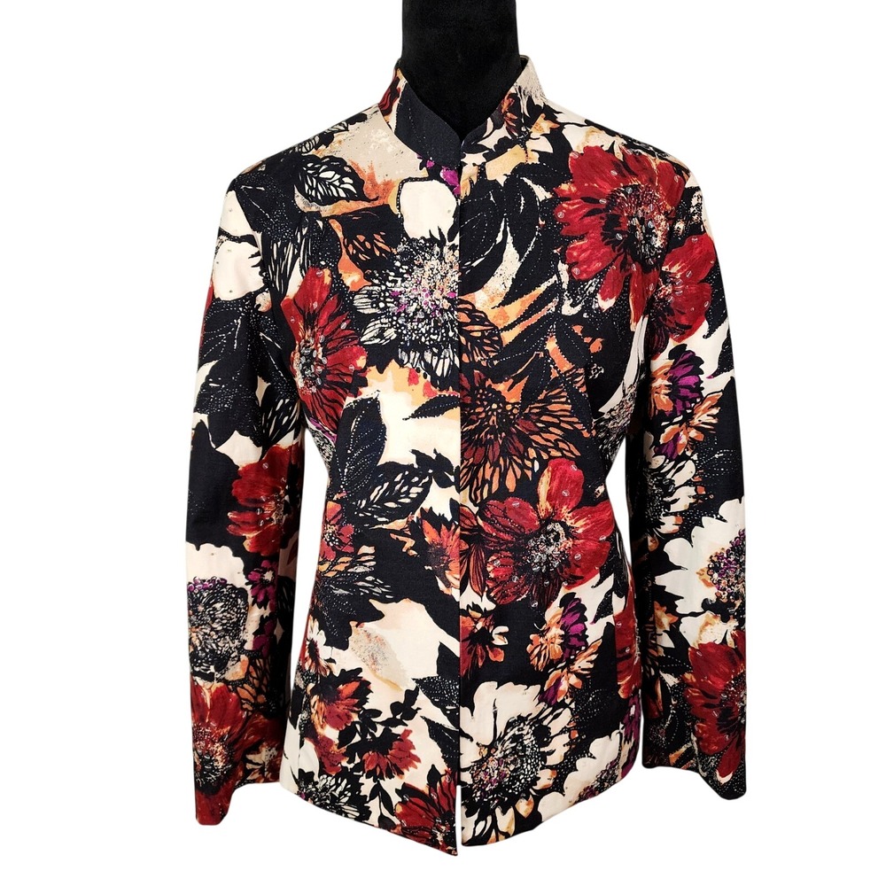 CHICOS Size 1 (US 8) Floral Shine Elegant Monarch Butterfly Flower Blazer Jacket